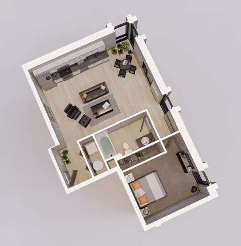 Floor plan for 1 bed, 1 bath, 783 sqft